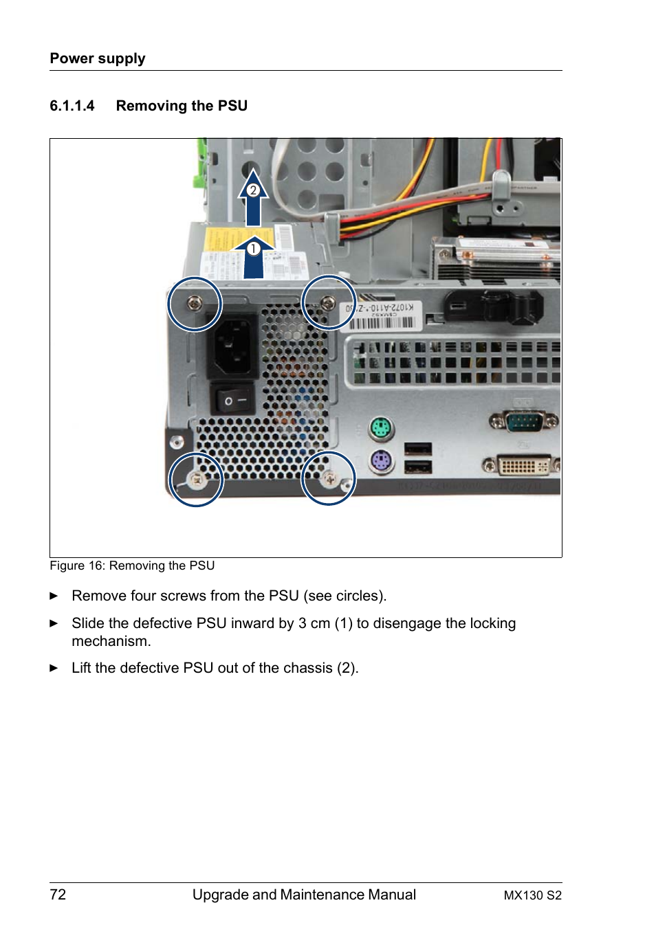 4 removing the psu, Removing the psu | FUJITSU PRIMERGY MX130 S2 User Manual | Page 72 / 256