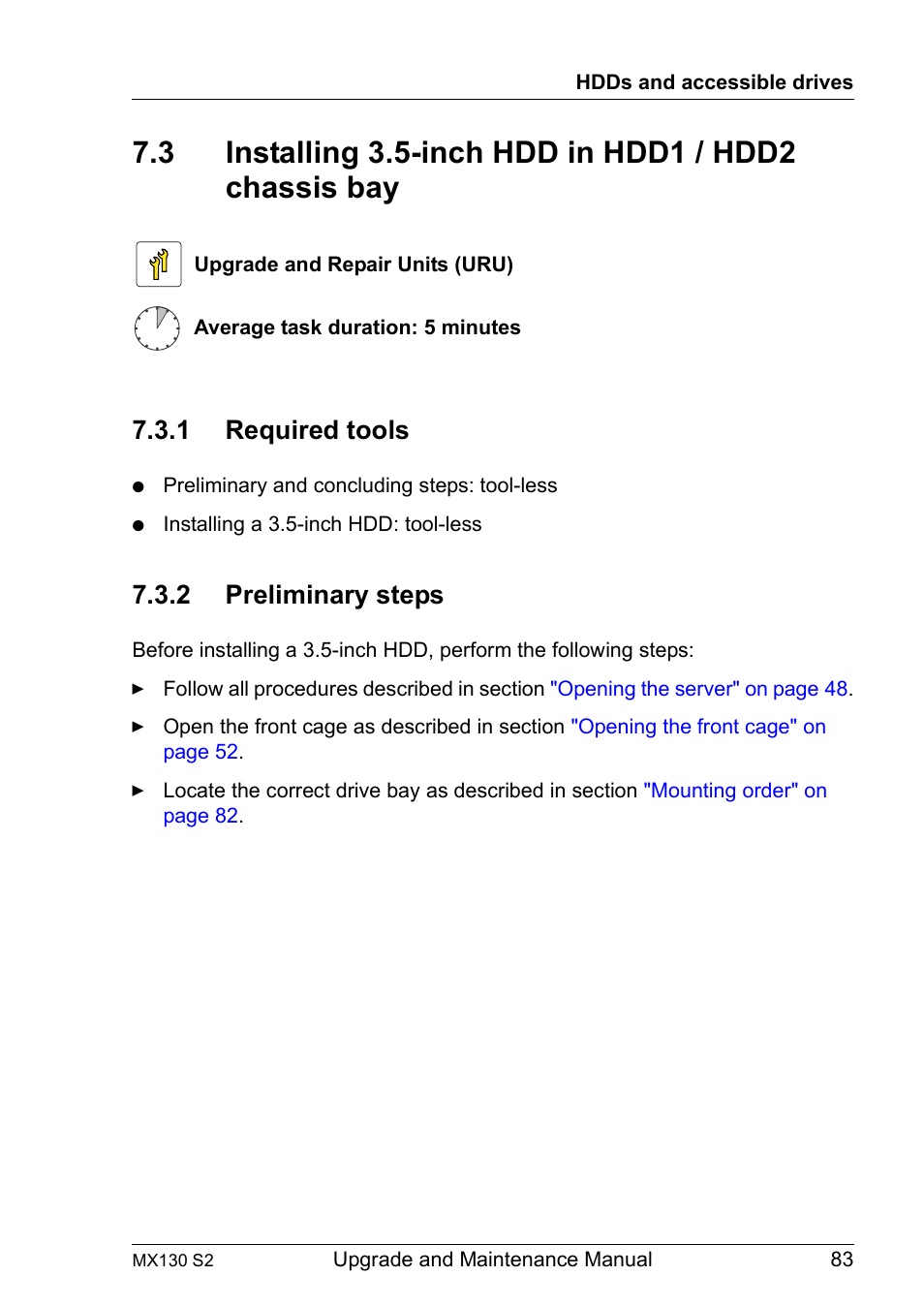 1 required tools, 2 preliminary steps, Installing 3.5-inch hdd in hdd1 / hdd2 chassis bay | Required tools, Preliminary steps | FUJITSU PRIMERGY MX130 S2 User Manual | Page 83 / 256