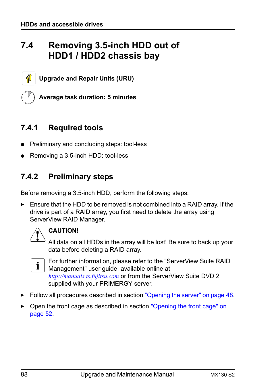 1 required tools, 2 preliminary steps, Required tools | Preliminary steps | FUJITSU PRIMERGY MX130 S2 User Manual | Page 88 / 256