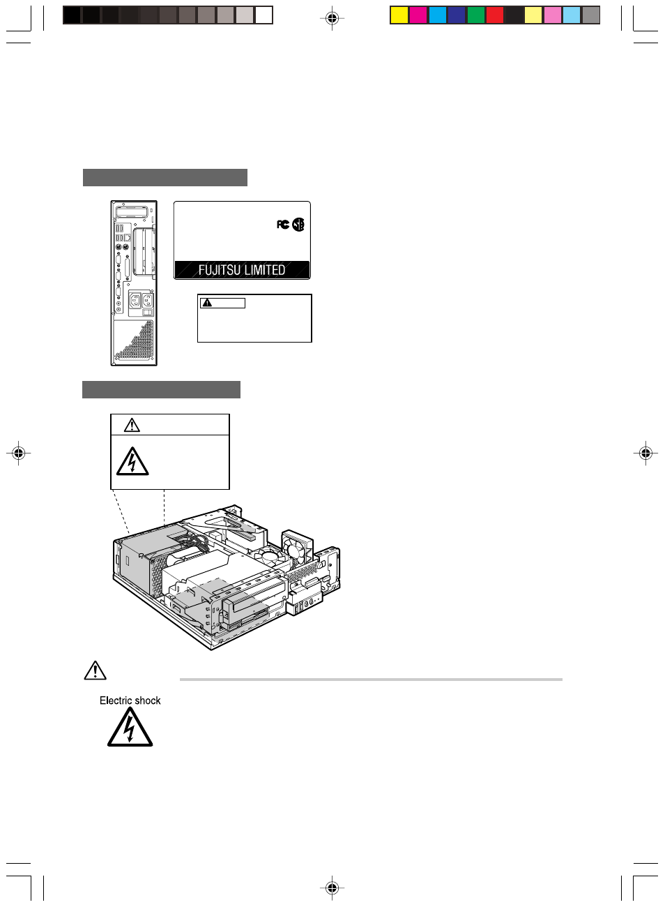 Warning and caution labels, Warning, Rear of the pc main unit | Inside the pc main unit | FUJITSU DeskPower E623 User Manual | Page 12 / 50