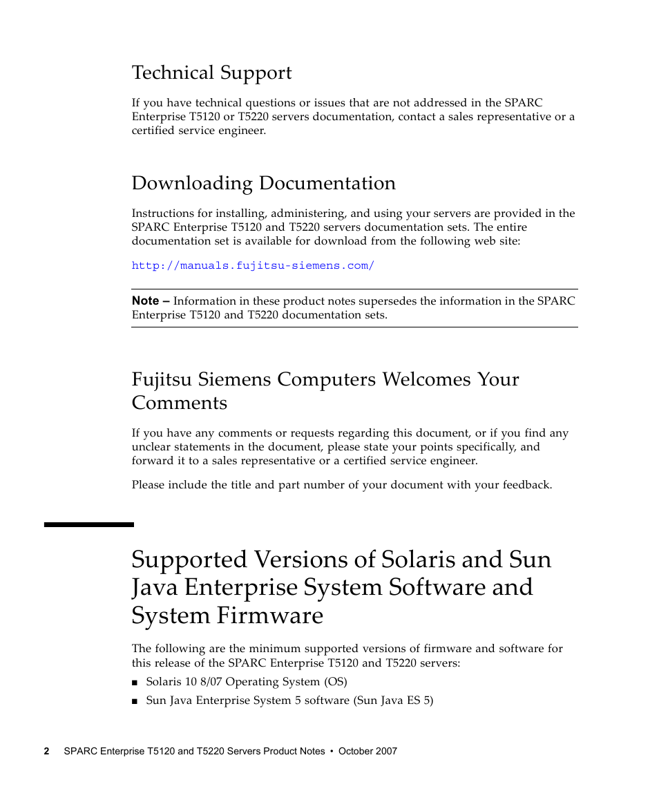 Technical support, Downloading documentation, Fujitsu siemens computers welcomes your comments | System firmware | FUJITSU SPARC ENTERPRISE T5120 User Manual | Page 12 / 58