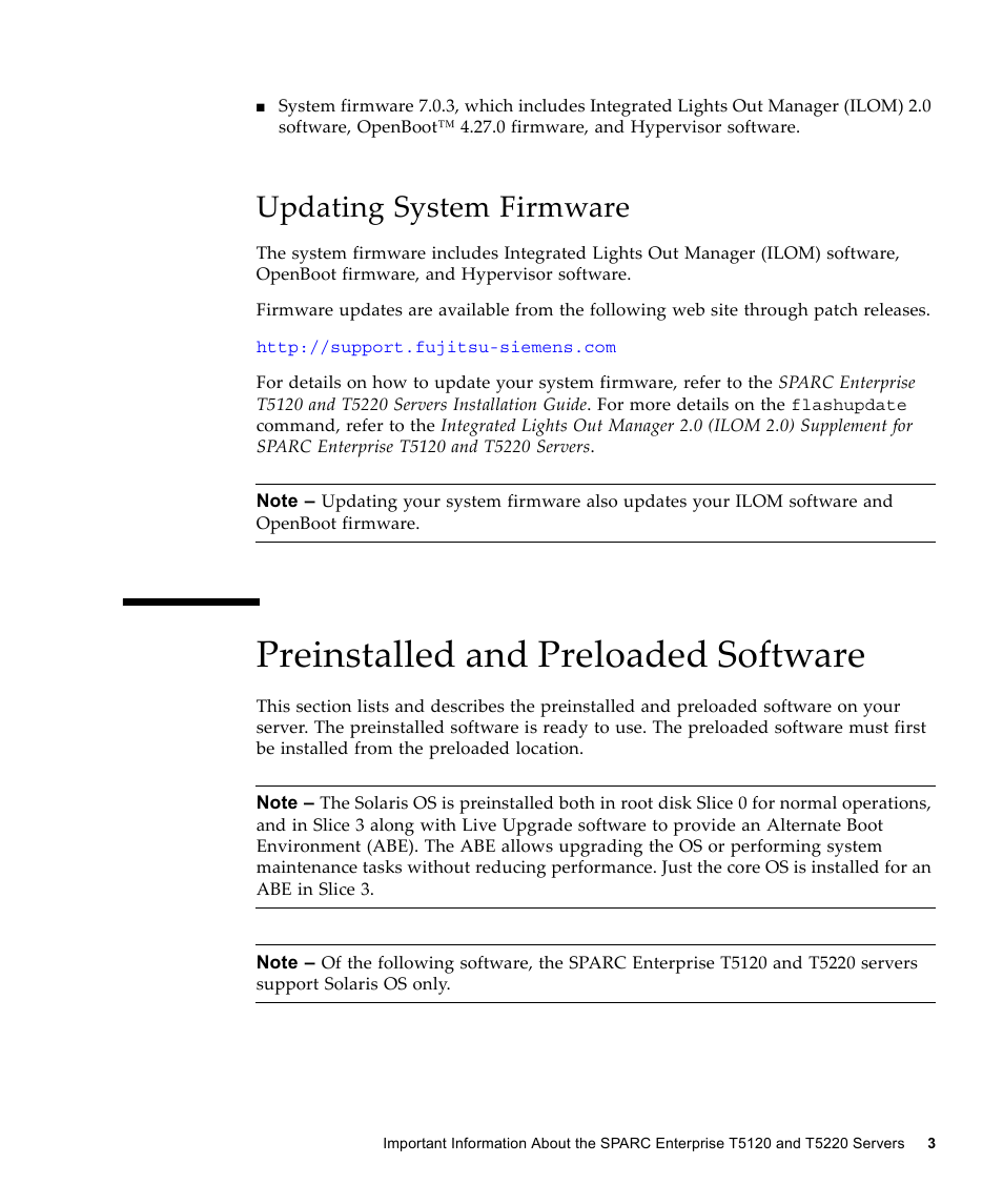 Updating system firmware, Preinstalled and preloaded software | FUJITSU SPARC ENTERPRISE T5120 User Manual | Page 13 / 58