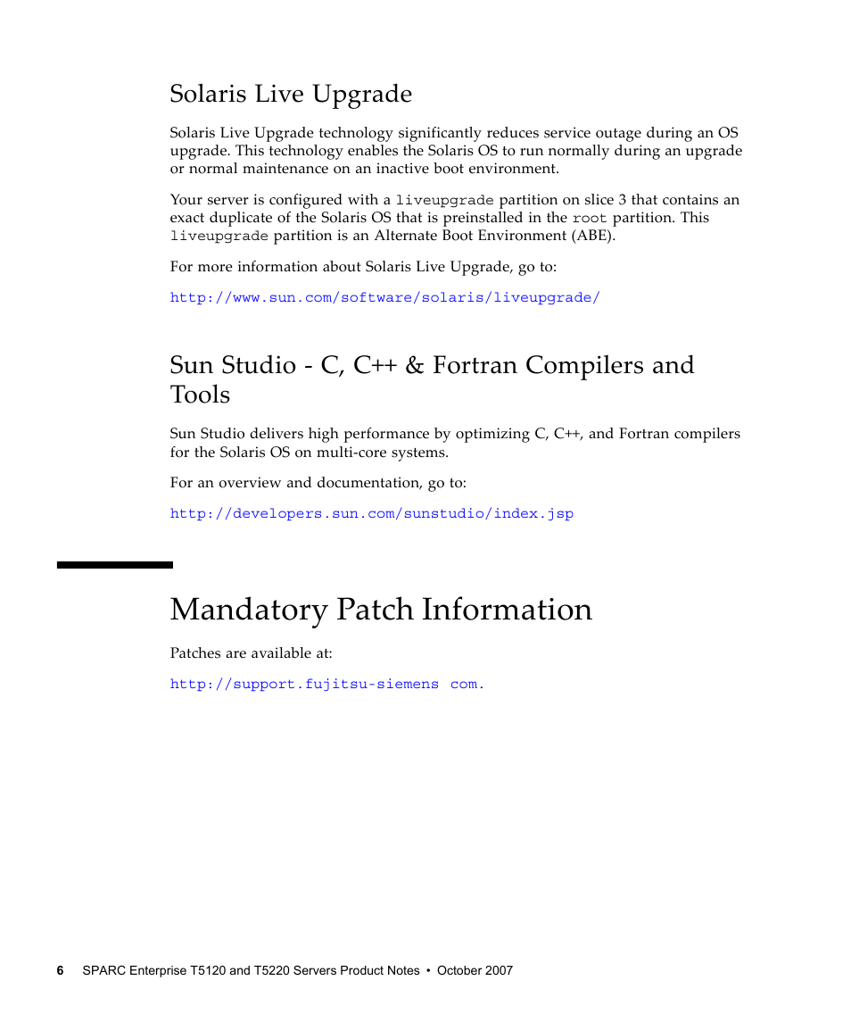 Solaris live upgrade, Sun studio - c, c++ & fortran compilers and tools, Mandatory patch information | FUJITSU SPARC ENTERPRISE T5120 User Manual | Page 16 / 58