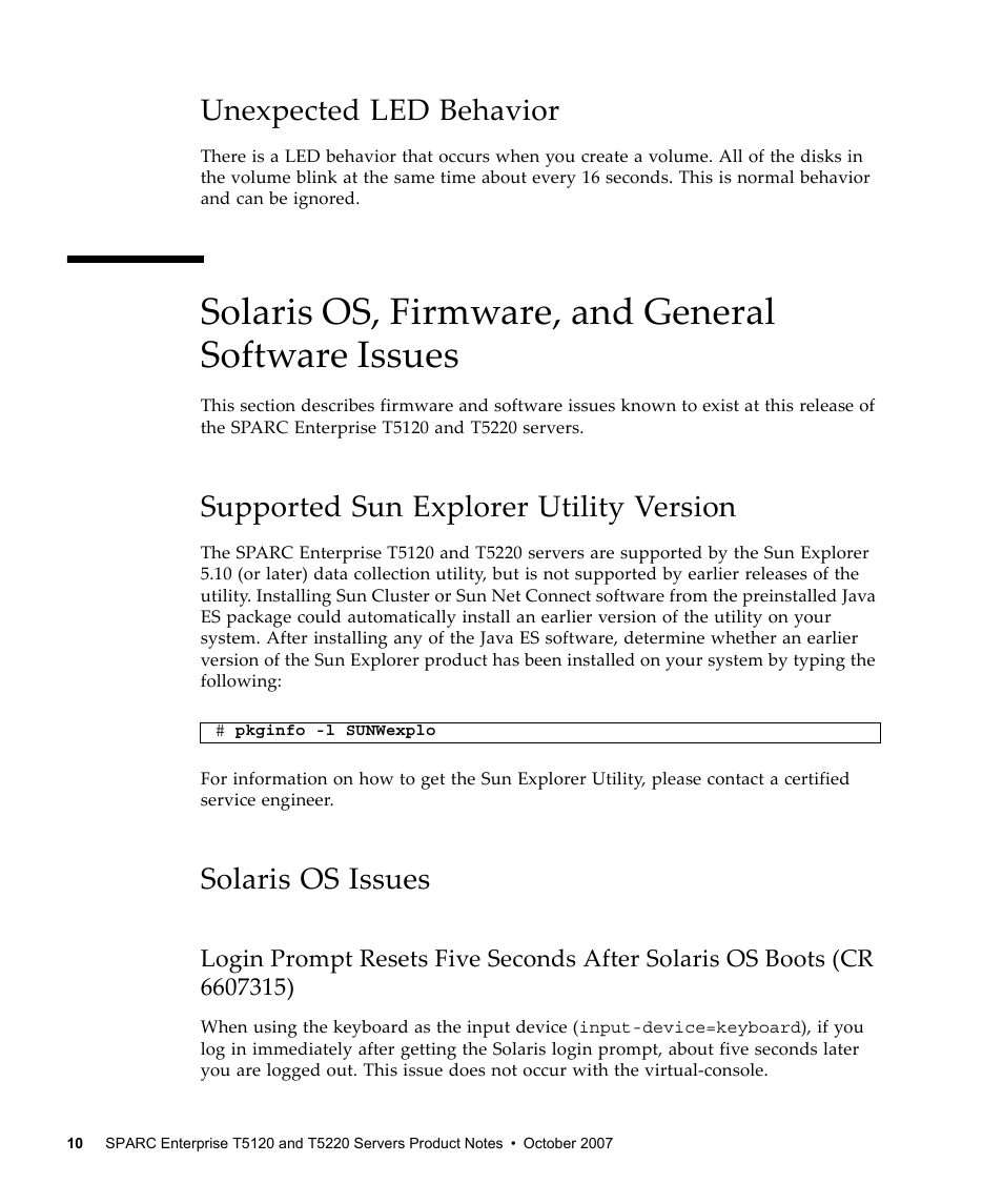 Unexpected led behavior, Solaris os, firmware, and general software issues, Supported sun explorer utility version | Solaris os issues | FUJITSU SPARC ENTERPRISE T5120 User Manual | Page 20 / 58