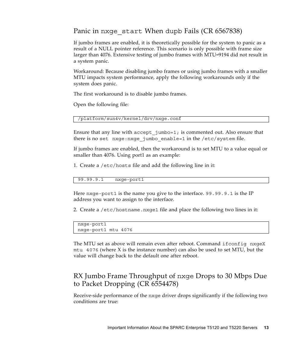 Panic in nxge_start when dupb fails (cr 6567838), Panic in, Rx jumbo frame throughput of | FUJITSU SPARC ENTERPRISE T5120 User Manual | Page 23 / 58