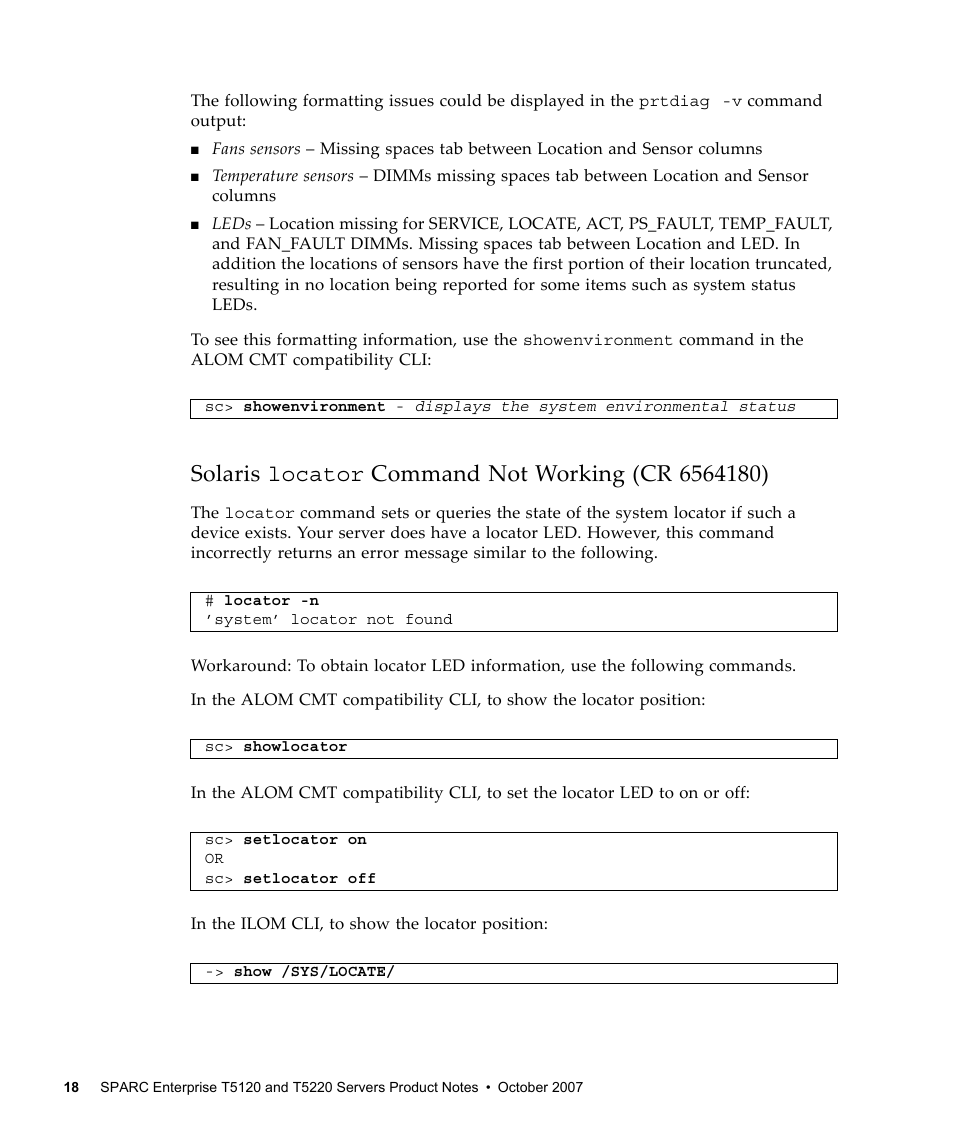 Solaris locator command not working (cr 6564180), Solaris locator | FUJITSU SPARC ENTERPRISE T5120 User Manual | Page 28 / 58