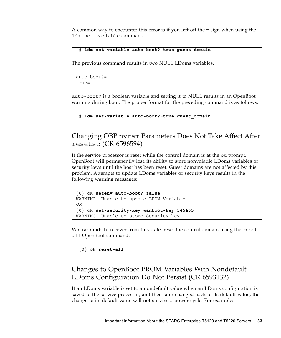 Changing obp nvram, Configuration do not persist (cr 6593132) | FUJITSU SPARC ENTERPRISE T5120 User Manual | Page 43 / 58