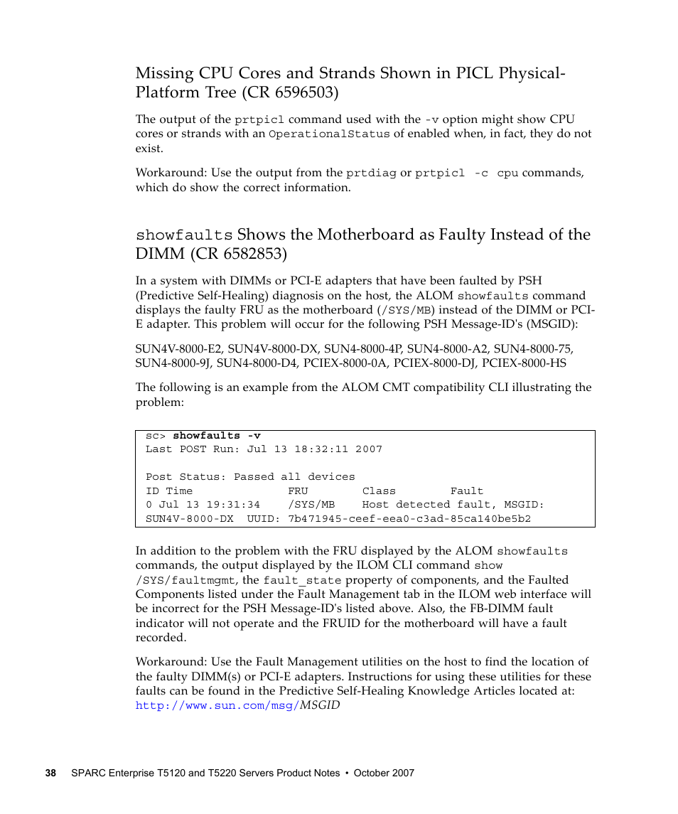 Cr 6596503), Showfaults | FUJITSU SPARC ENTERPRISE T5120 User Manual | Page 48 / 58