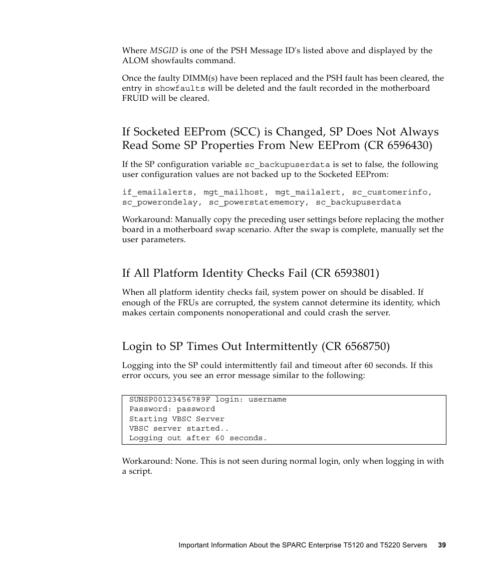 If all platform identity checks fail (cr 6593801), Login to sp times out intermittently (cr 6568750), Sp properties from new eeprom (cr 6596430) | FUJITSU SPARC ENTERPRISE T5120 User Manual | Page 49 / 58