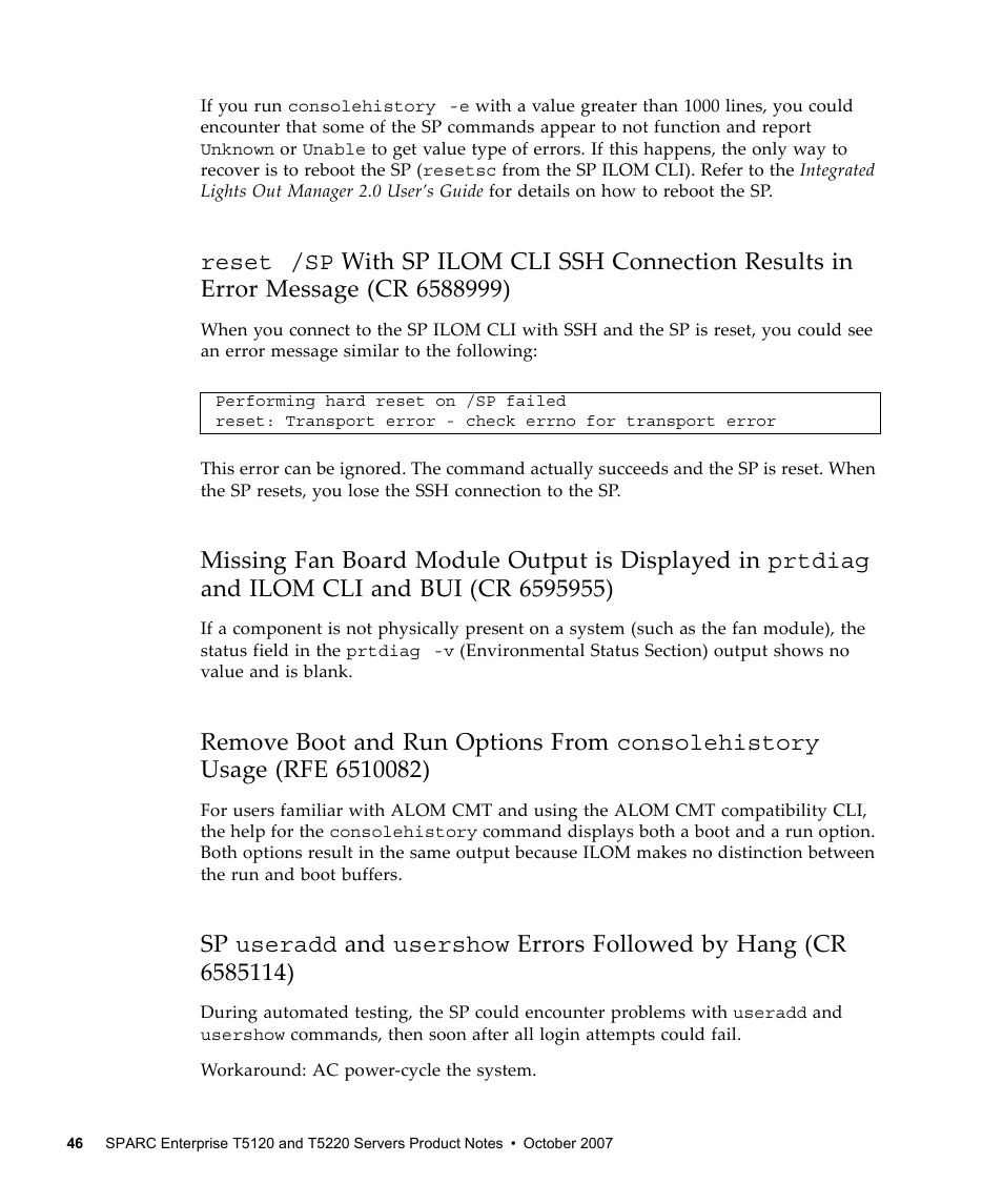 Reset /sp, Remove boot and run options from consolehistory | FUJITSU SPARC ENTERPRISE T5120 User Manual | Page 56 / 58