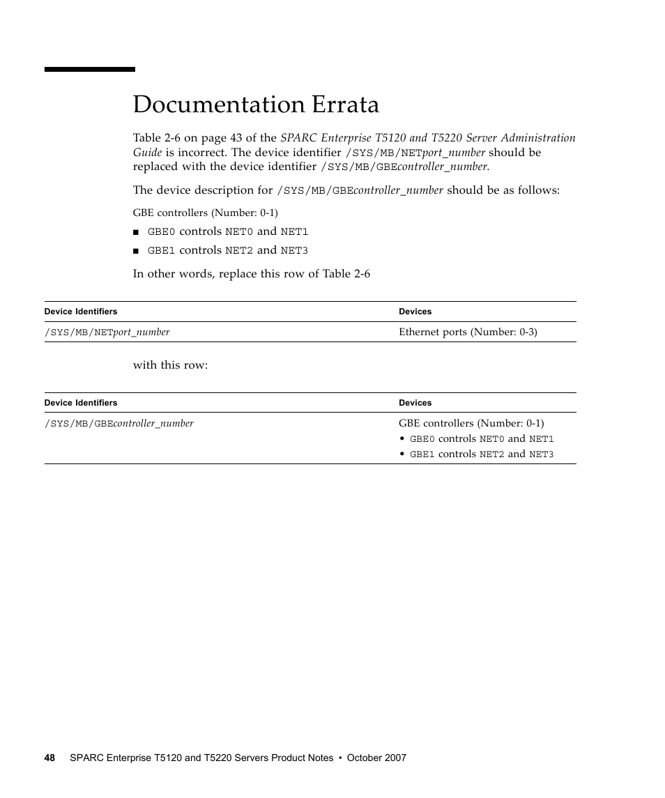 Documentation errata | FUJITSU SPARC ENTERPRISE T5120 User Manual | Page 58 / 58