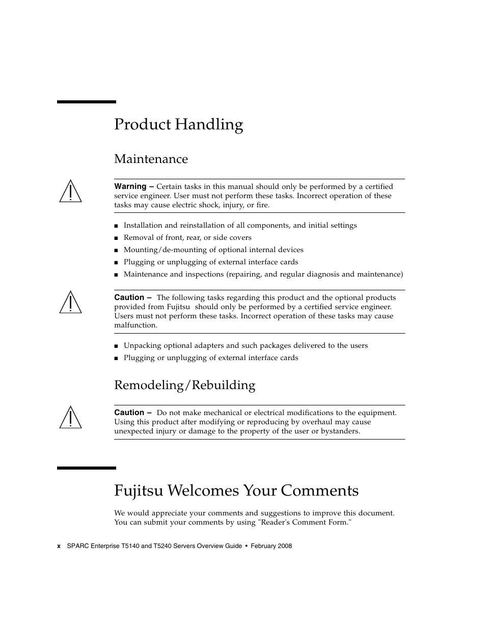 Product handling, Fujitsu welcomes your comments, Maintenance | Remodeling/rebuilding | FUJITSU T5240 User Manual | Page 12 / 28