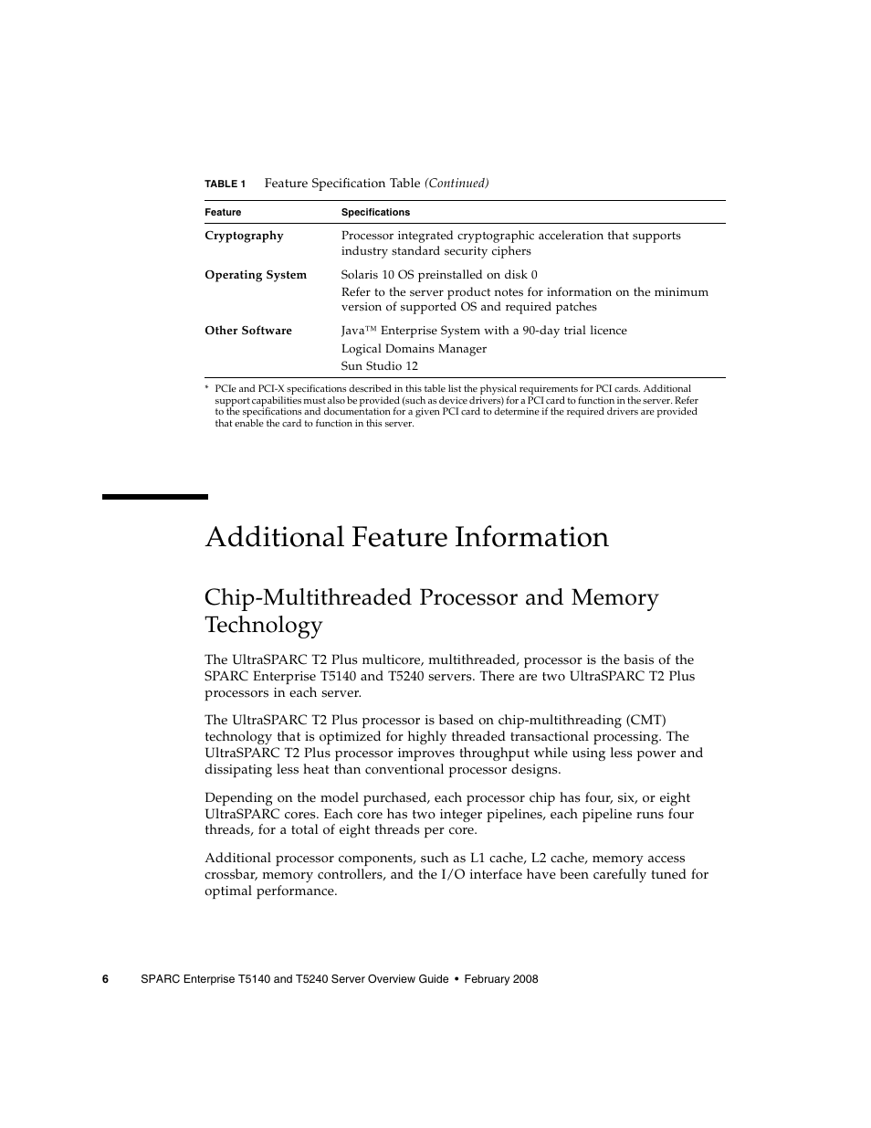 Additional feature information, Chip-multithreaded processor and memory technology | FUJITSU T5240 User Manual | Page 20 / 28