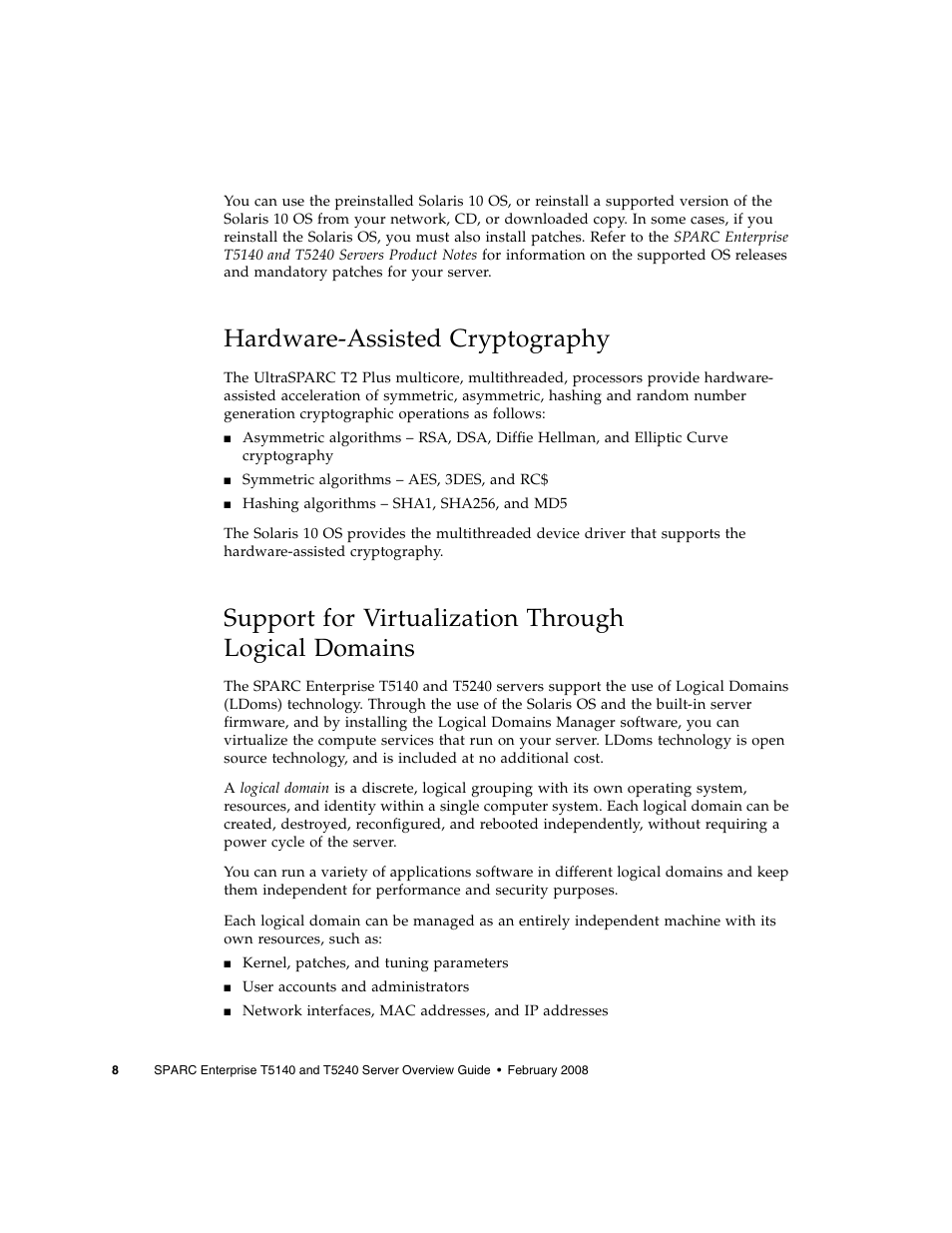 Hardware-assisted cryptography, Support for virtualization through logical domains, Support for virtualization through | Logical domains | FUJITSU T5240 User Manual | Page 22 / 28
