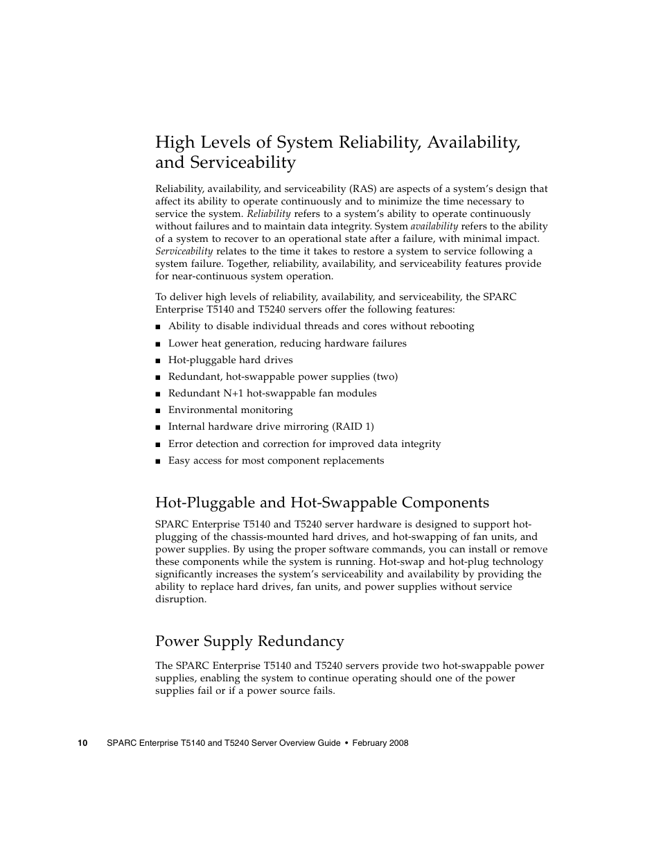 Hot-pluggable and hot-swappable components, Power supply redundancy | FUJITSU T5240 User Manual | Page 24 / 28