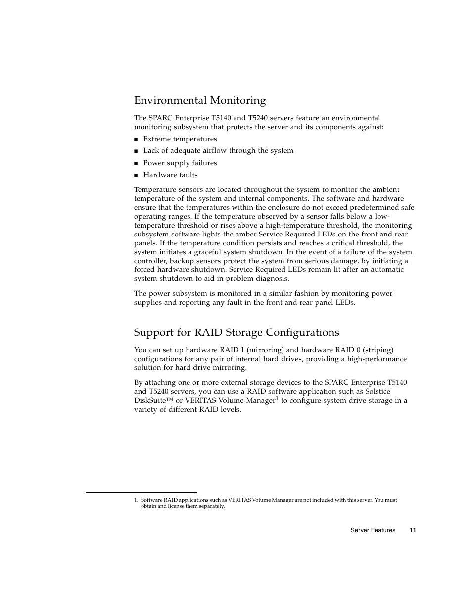 Environmental monitoring, Support for raid storage configurations | FUJITSU T5240 User Manual | Page 25 / 28