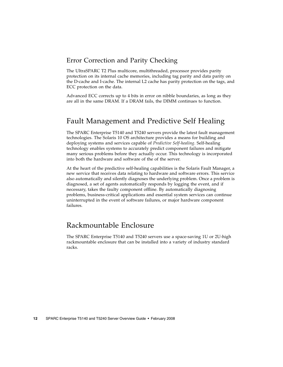 Error correction and parity checking, Fault management and predictive self healing, Rackmountable enclosure | FUJITSU T5240 User Manual | Page 26 / 28