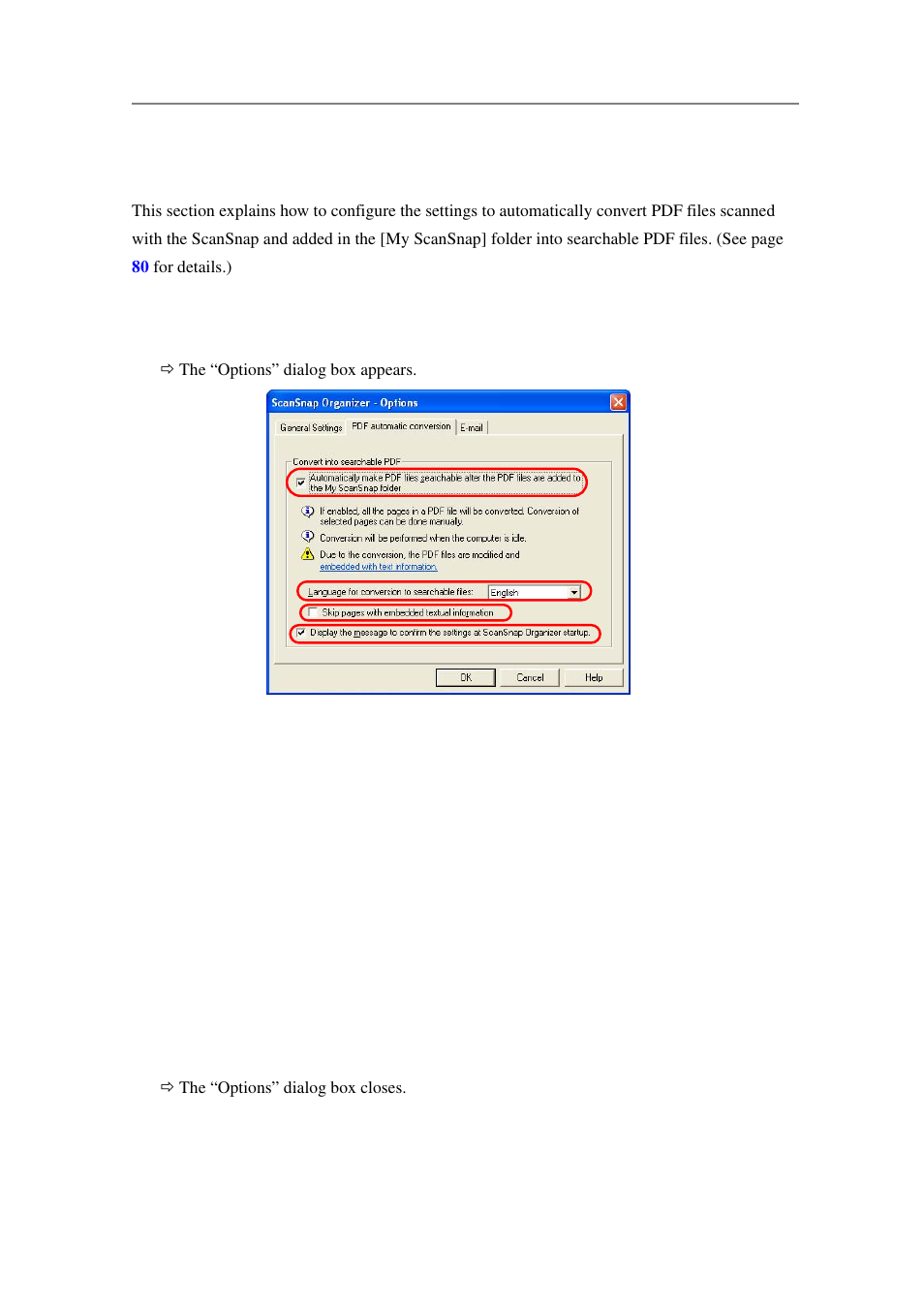 Pdf files, On p, Ings, refer to | Configuring automatic conversion settings of pdf | FUJITSU SCANSNAP P2WW-2301-01ENZ0 User Manual | Page 57 / 90