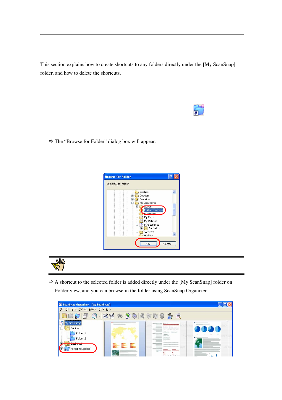Creating/deleting shortcuts to folders, Creating shortcuts to folders | FUJITSU SCANSNAP P2WW-2301-01ENZ0 User Manual | Page 60 / 90