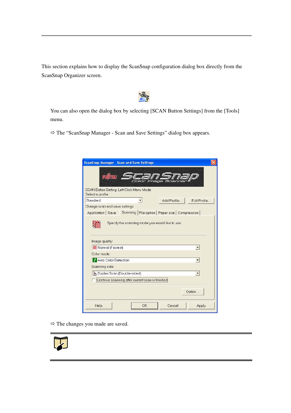 Displaying scansnap setup dialog box | FUJITSU SCANSNAP P2WW-2301-01ENZ0 User Manual | Page 80 / 90