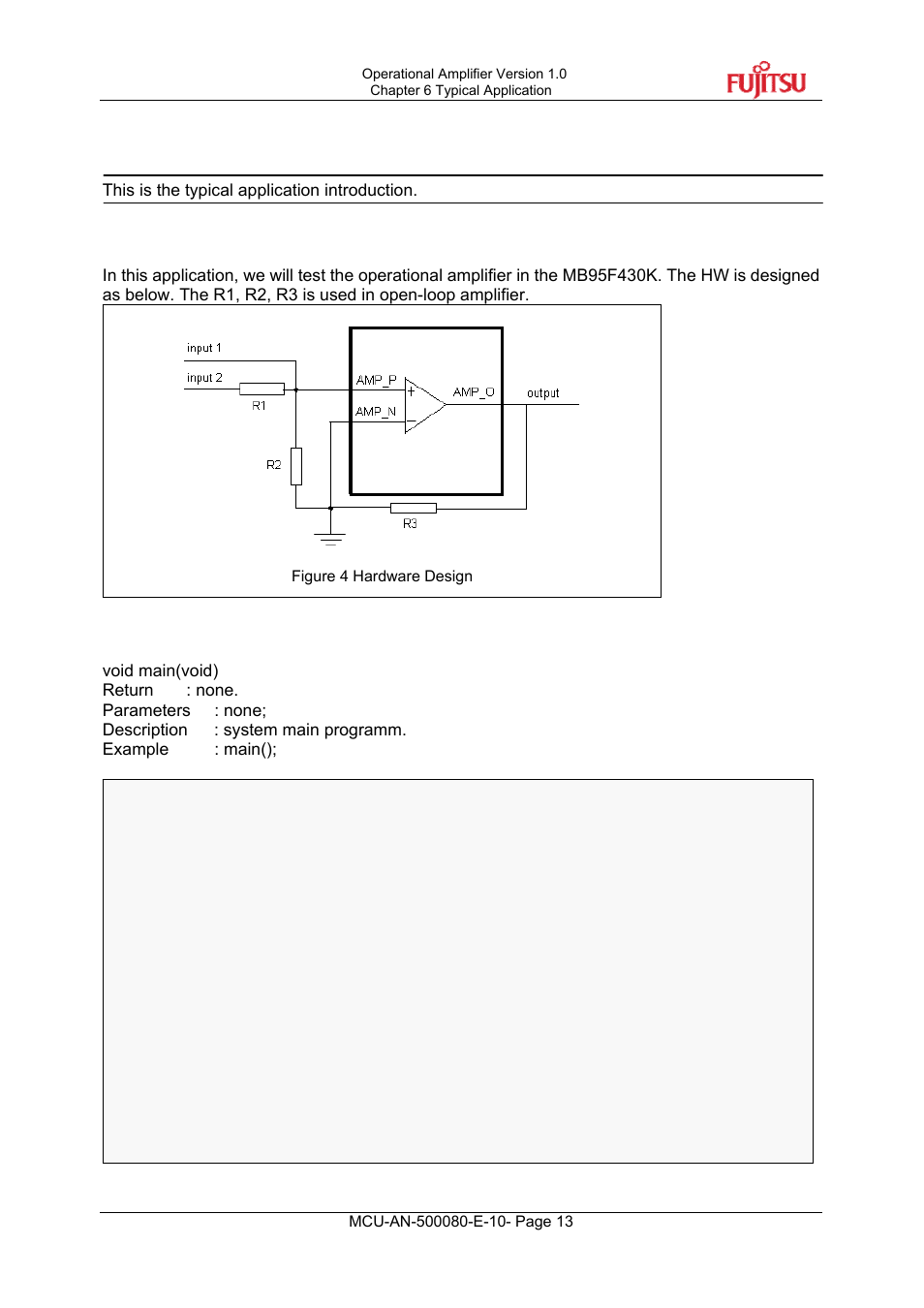 6 typical application, 1 hw design 6.2 sample code, 1 hw design | 2 sample code | FUJITSU MB95F430 User Manual | Page 13 / 18