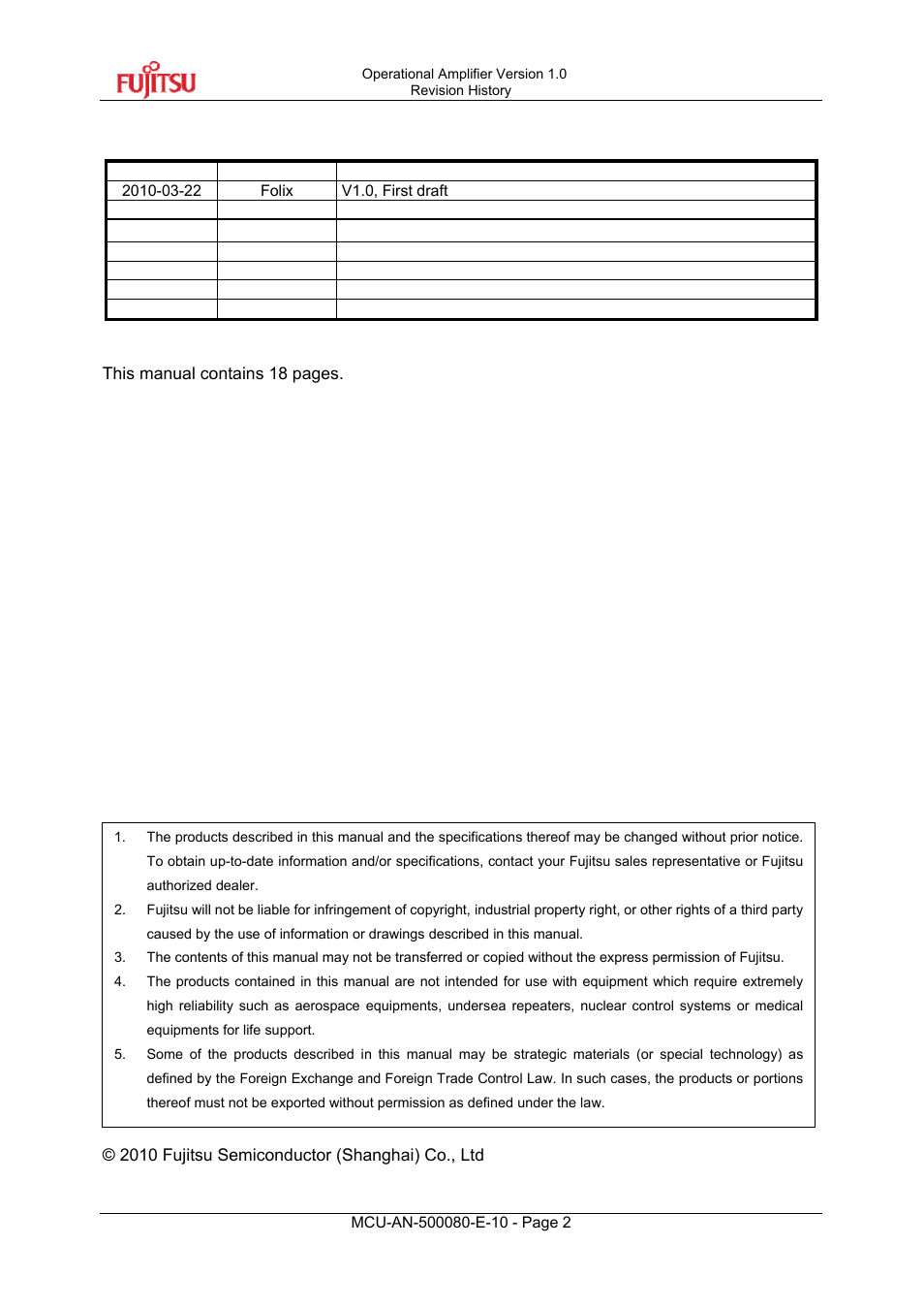 Revision history | FUJITSU MB95F430 User Manual | Page 2 / 18