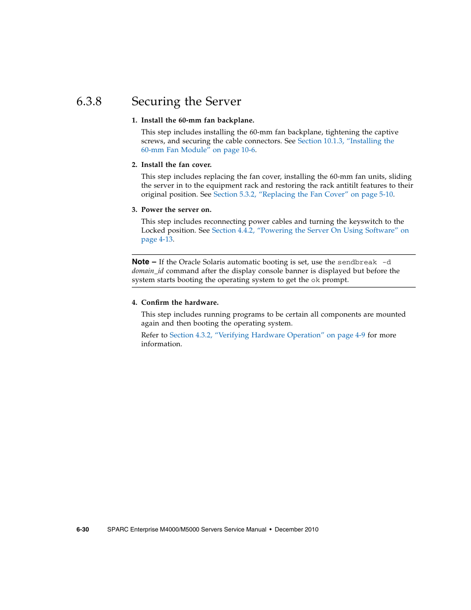 8 securing the server, Securing the server | FUJITSU M5000 User Manual | Page 122 / 310