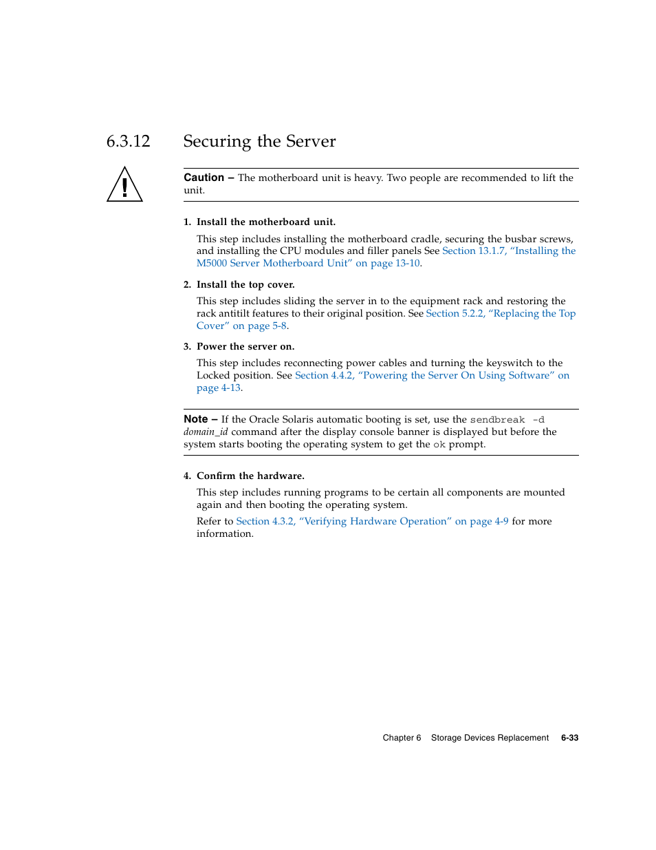 12 securing the server, Securing the server | FUJITSU M5000 User Manual | Page 125 / 310