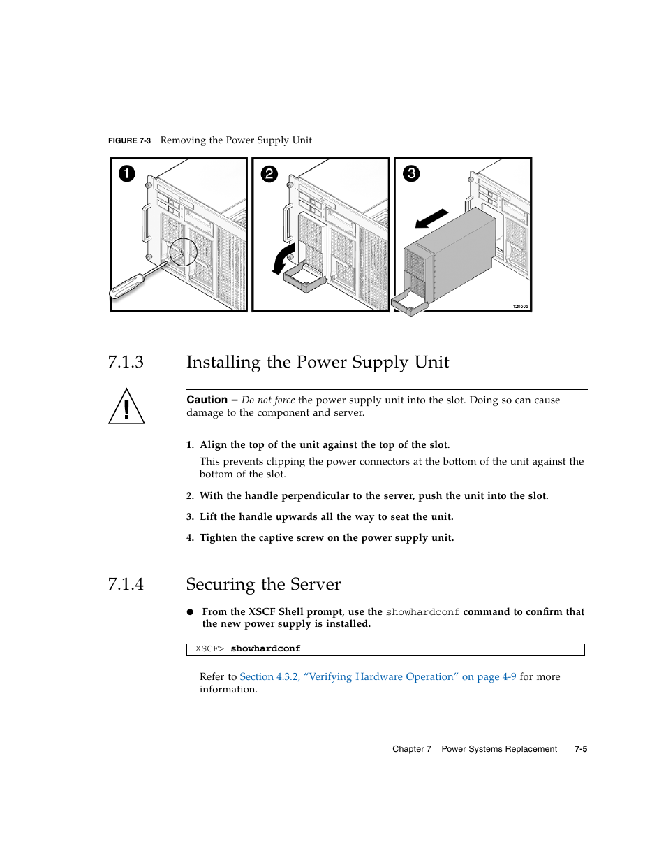 3 installing the power supply unit, 4 securing the server, Installing the power supply unit | Securing the server, Figure 7-3 | FUJITSU M5000 User Manual | Page 131 / 310