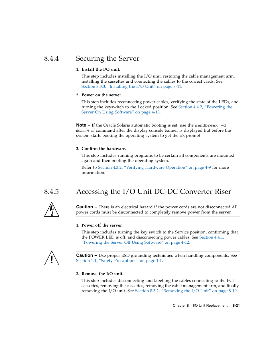 4 securing the server, 5 accessing the i/o unit dc-dc converter riser, Securing the server | Accessing the i/o unit dc-dc converter riser | FUJITSU M5000 User Manual | Page 153 / 310