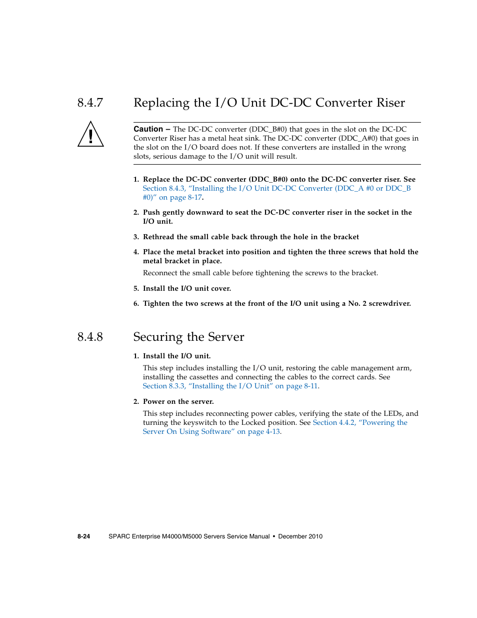 7 replacing the i/o unit dc-dc converter riser, 8 securing the server, Replacing the i/o unit dc-dc converter riser | Securing the server | FUJITSU M5000 User Manual | Page 156 / 310