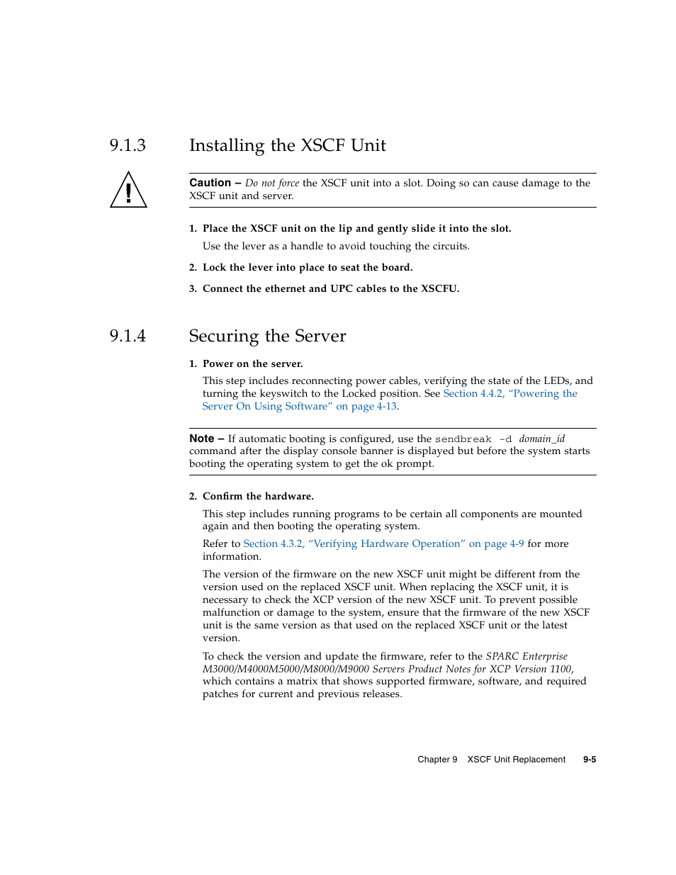 3 installing the xscf unit, 4 securing the server, Installing the xscf unit | Securing the server | FUJITSU M5000 User Manual | Page 163 / 310