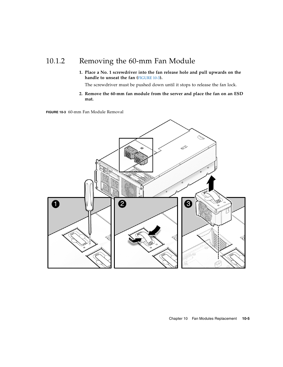 2 removing the 60-mm fan module, Removing the 60-mm fan module | FUJITSU M5000 User Manual | Page 169 / 310