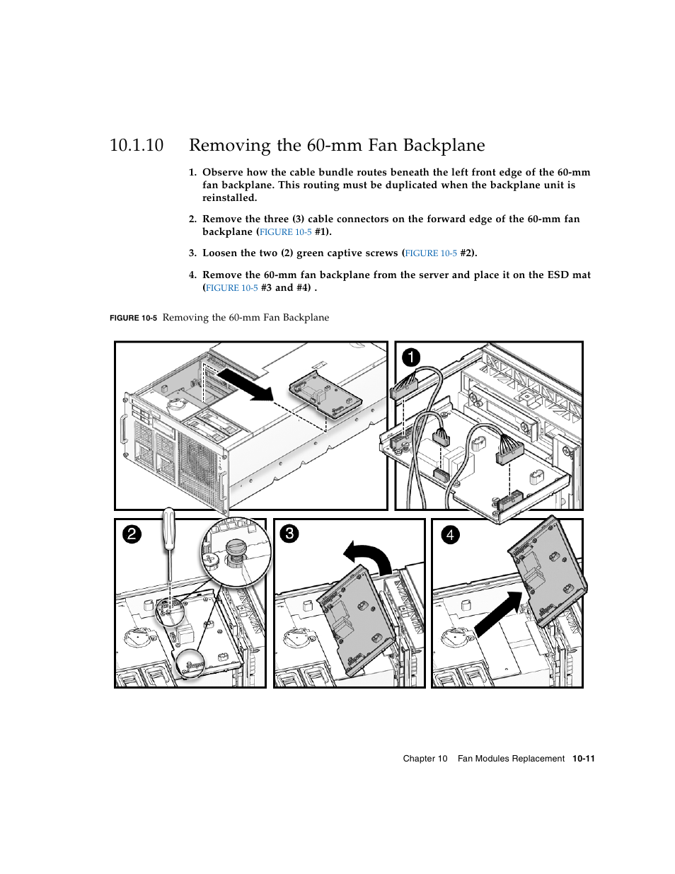 10 removing the 60-mm fan backplane, Section 10.1.10, “removing the | FUJITSU M5000 User Manual | Page 175 / 310