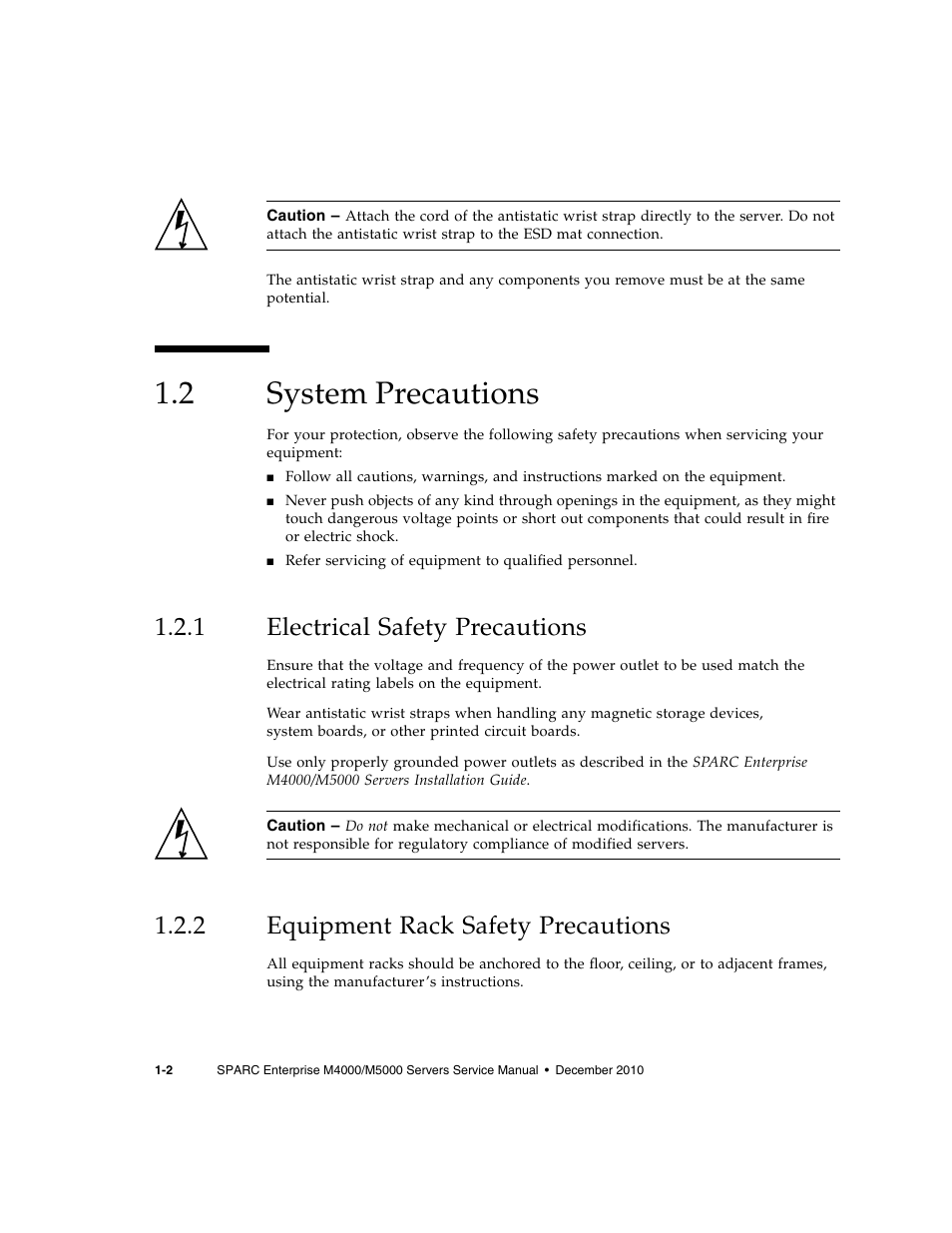 2 system precautions, 1 electrical safety precautions, 2 equipment rack safety precautions | System precautions, Electrical safety precautions, Equipment rack safety precautions | FUJITSU M5000 User Manual | Page 22 / 310