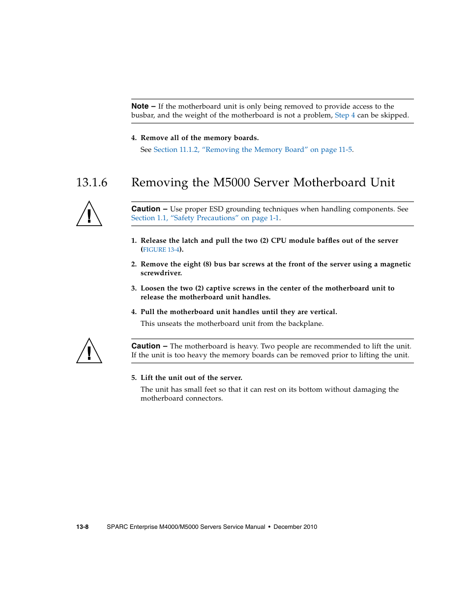 6 removing the m5000 server motherboard unit, Removing the m5000 server motherboard unit, Section 13.1.6 | FUJITSU M5000 User Manual | Page 220 / 310