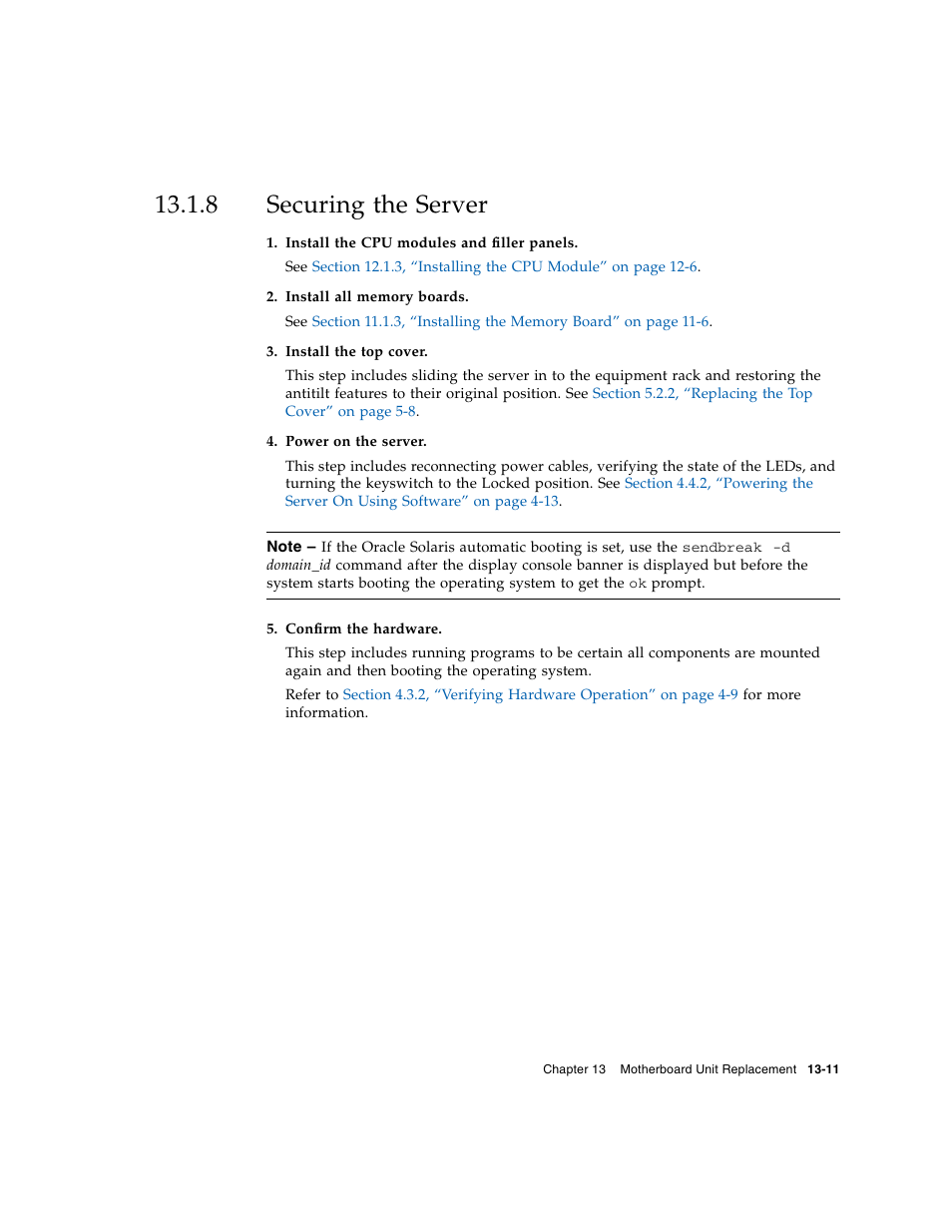 8 securing the server, Securing the server | FUJITSU M5000 User Manual | Page 223 / 310