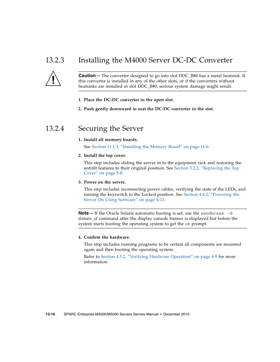 3 installing the m4000 server dc-dc converter, 4 securing the server, Installing the m4000 server dc-dc converter | Securing the server | FUJITSU M5000 User Manual | Page 228 / 310