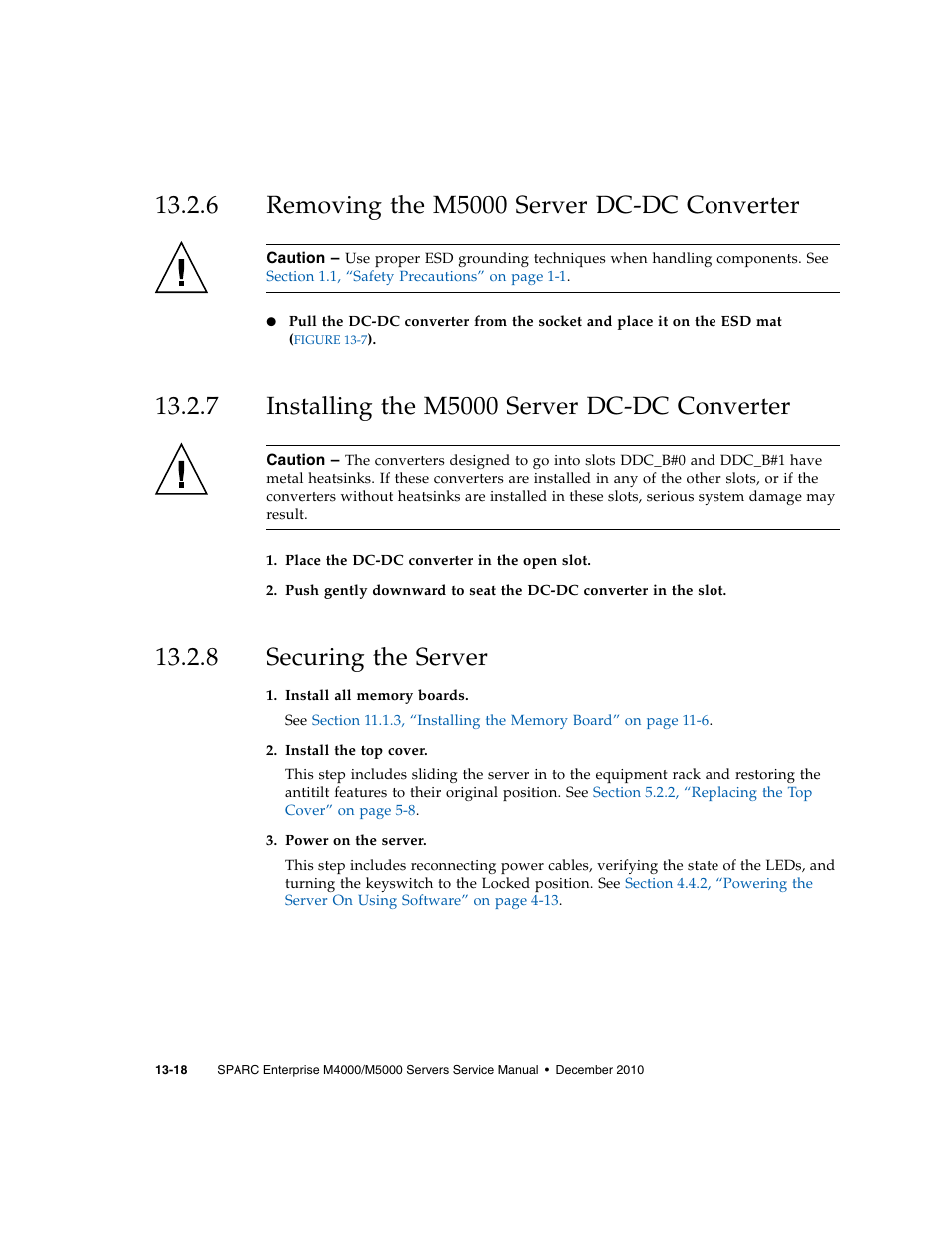 6 removing the m5000 server dc-dc converter, 7 installing the m5000 server dc-dc converter, 8 securing the server | Removing the m5000 server dc-dc converter, Installing the m5000 server dc-dc converter, Securing the server | FUJITSU M5000 User Manual | Page 230 / 310