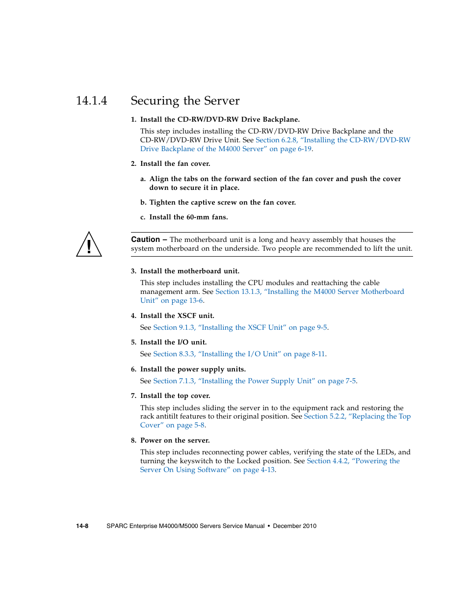 4 securing the server, Securing the server | FUJITSU M5000 User Manual | Page 242 / 310