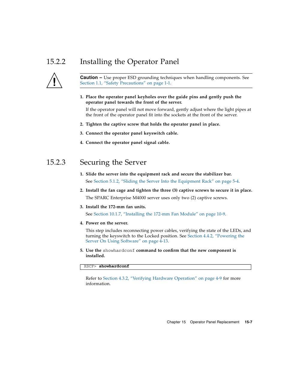 2 installing the operator panel, 3 securing the server, Installing the operator panel | Securing the server | FUJITSU M5000 User Manual | Page 255 / 310