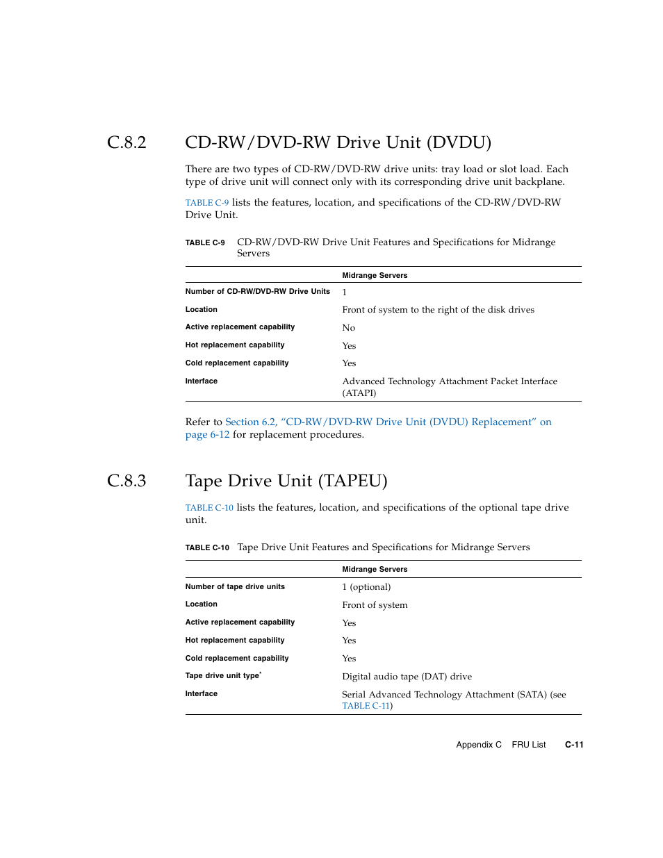 C.8.2 cd-rw/dvd-rw drive unit (dvdu), C.8.3 tape drive unit (tapeu), C.8.2 | Cd-rw/dvd-rw drive unit (dvdu), C–11, C.8.3, Tape drive unit (tapeu) | FUJITSU M5000 User Manual | Page 277 / 310