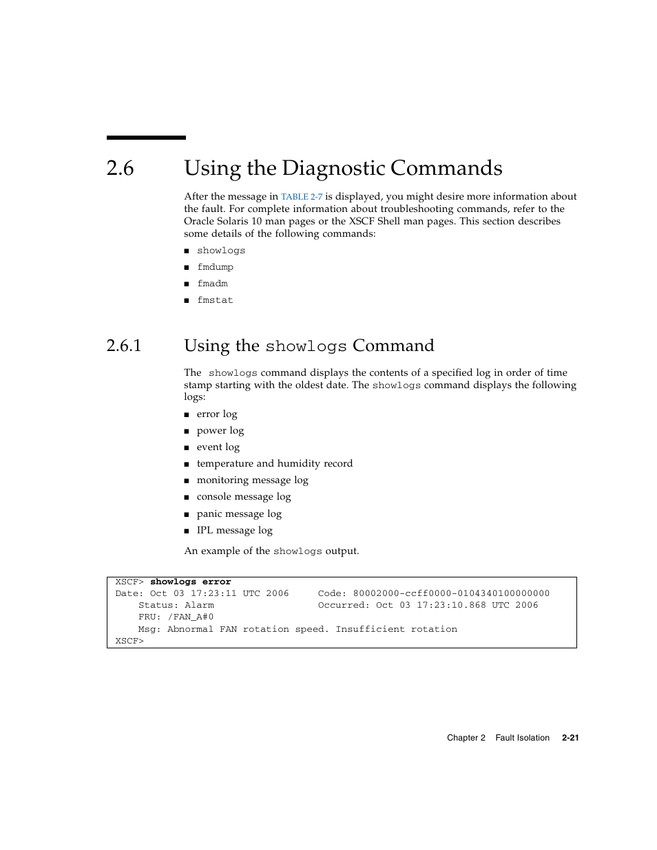 6 using the diagnostic commands, 1 using the showlogs command, Using the diagnostic commands | Using the showlogs | FUJITSU M5000 User Manual | Page 45 / 310