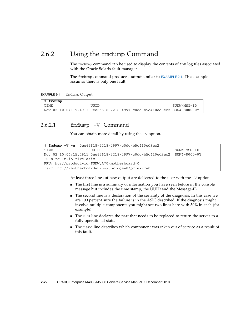 2 using the fmdump command, 1 fmdump -v command, Using the fmdump | FUJITSU M5000 User Manual | Page 46 / 310