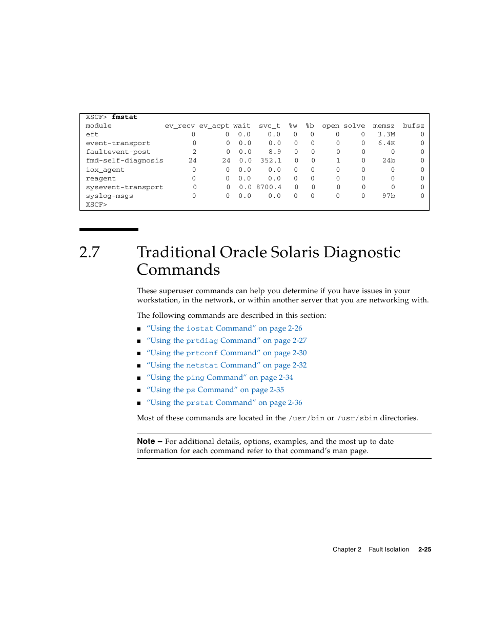 7 traditional oracle solaris diagnostic commands, Traditional oracle solaris diagnostic commands | FUJITSU M5000 User Manual | Page 49 / 310