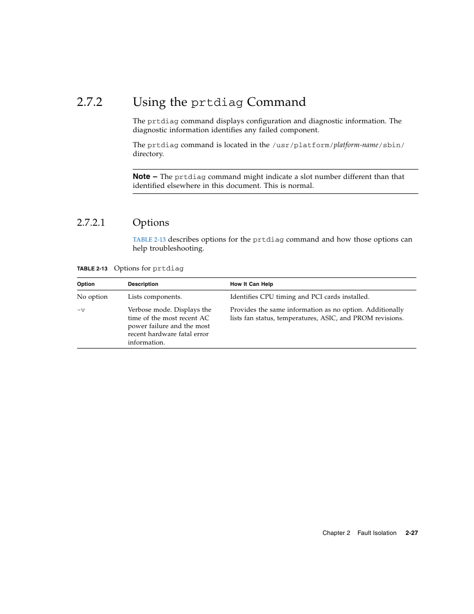 2 using the prtdiag command, 1 options, Using the prtdiag | Options | FUJITSU M5000 User Manual | Page 51 / 310