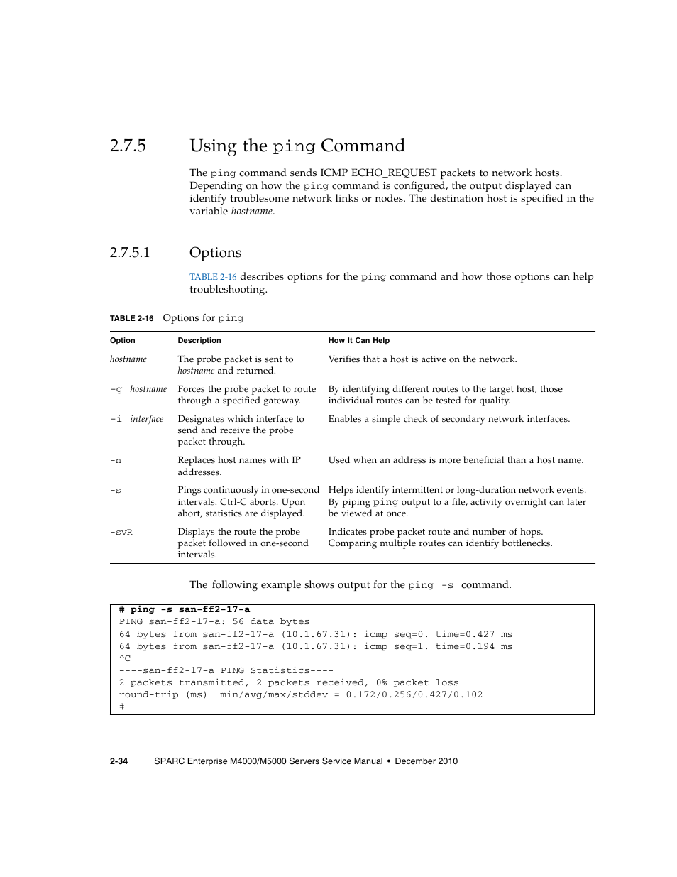 5 using the ping command, 1 options, Using the ping | Options | FUJITSU M5000 User Manual | Page 58 / 310