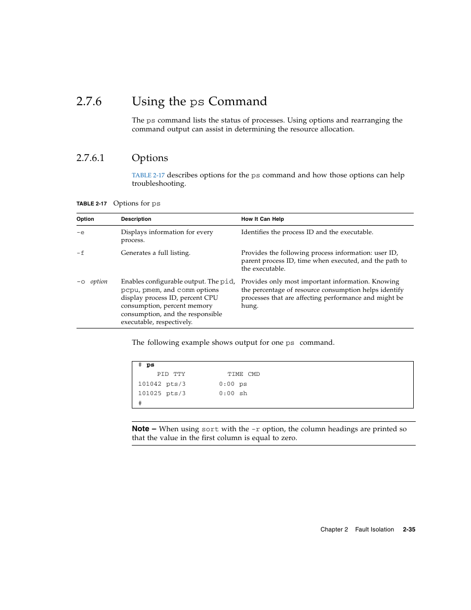 6 using the ps command, 1 options, Using the ps | Options | FUJITSU M5000 User Manual | Page 59 / 310