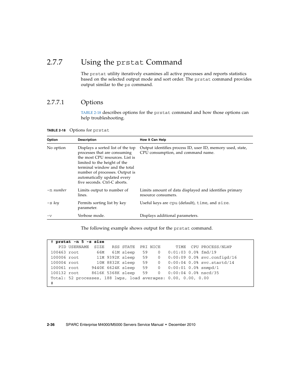 7 using the prstat command, 1 options, Using the prstat | Options | FUJITSU M5000 User Manual | Page 60 / 310