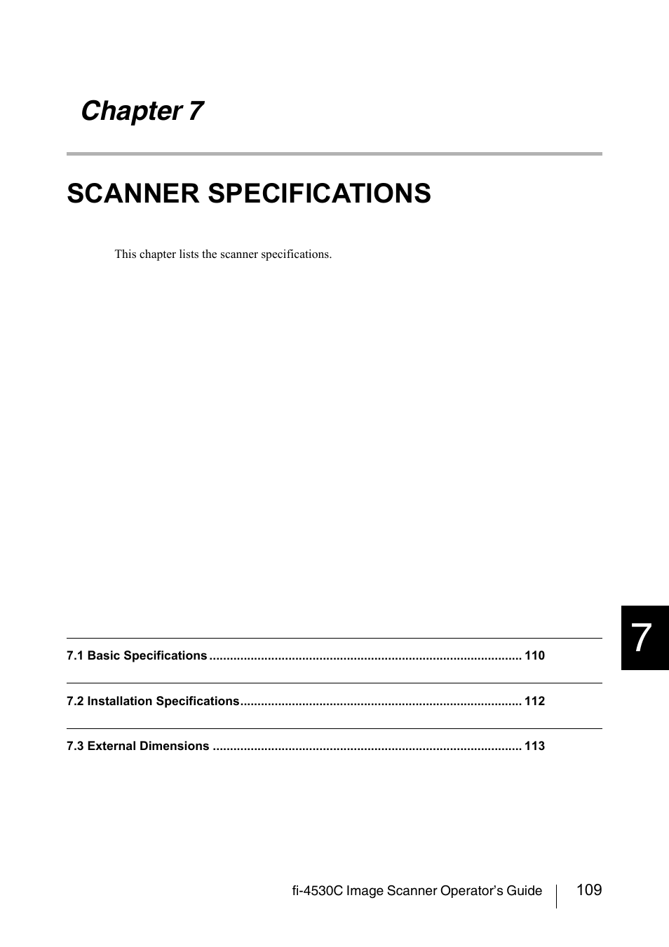 Chapter 7 scanner specifications | FUJITSU fi-4530C User Manual | Page 115 / 132